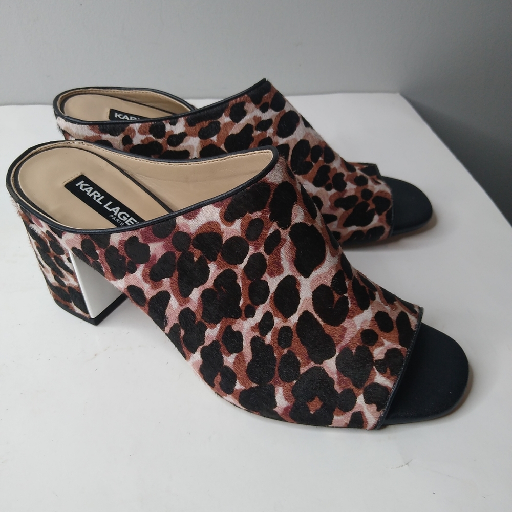 NEW Karl Lagerfeld  Jensen Leopard Print Cowhide Block Heel Mule Size 7.5 38